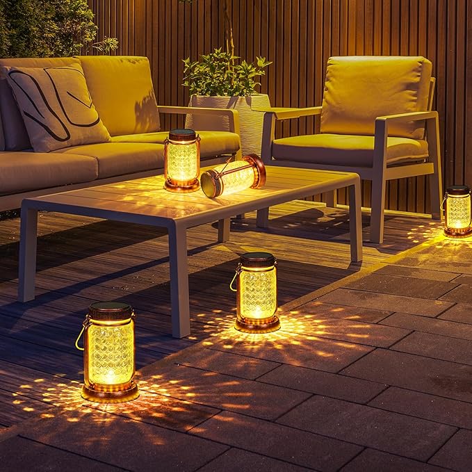 Outdoor Garden Decor, 4 Pack Solar Lantern Waterproof Warmwhite Mason Jar Hanging Lights, Porch Decorative for Garden Yard Patio Backyard Deck Courtyard Lawn-VerdiqueGarden