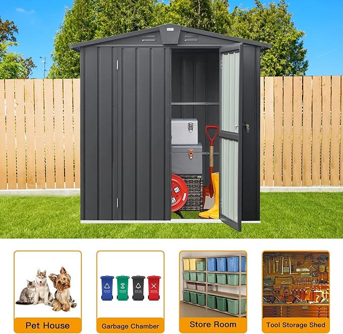 Domi Outdoor Storage Shed 5.7' x 3’, Metal Garden Shed with Galvanized Steel Frame for Bike, Tools, Lawn Mowers, Pool Toys, Outdoor Storage Cabinet with Lockable Door for Garden Lawn Patio (Dark Grey)-VerdiqueGarden
