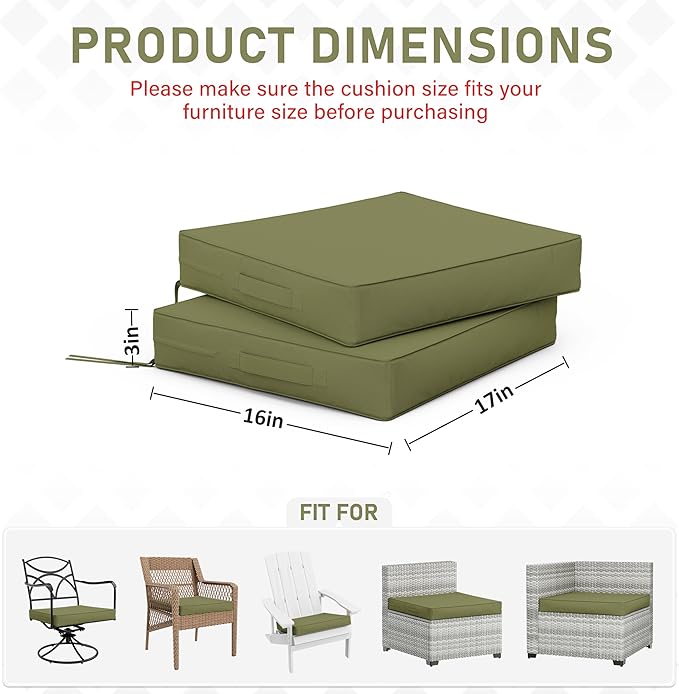 Patio Chair Cushions 17 X 16 X 3 Inch Waterproof Outdoor Seat Cushions for Patio Furniture, Outdoor Sofa Couch Pads with Ties & Handle, Set of 2, Light Green-VerdiqueGarden