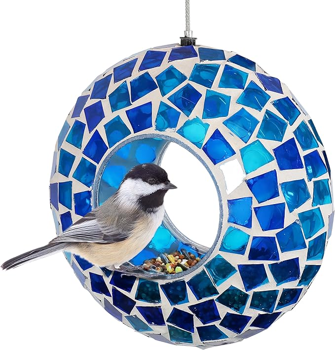 Sunnydaze 6-Inch Glass Mosaic Hanging Bird Feeder for Outdoors - Fly-Through Wild Bird Feeder - Blue Mosaic-VerdiqueGarden