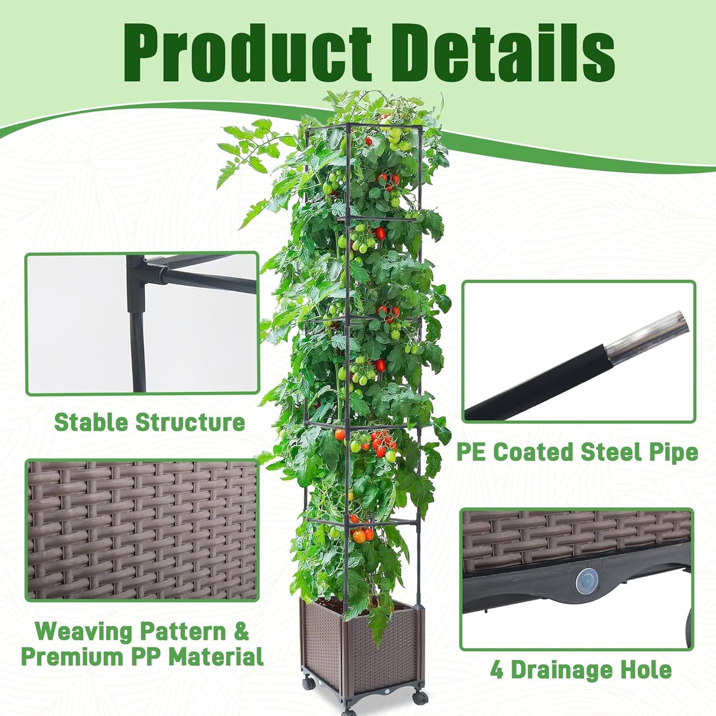 Raised Garden Bed Planter Box with Trellis, 62.2" Self-Watering Tomato Planters for Climbing Plants Vine Flowers Outdoor Patio, Tomatoes Cage with Trellis Wheels for Outdoor, 1Pack-VerdiqueGarden