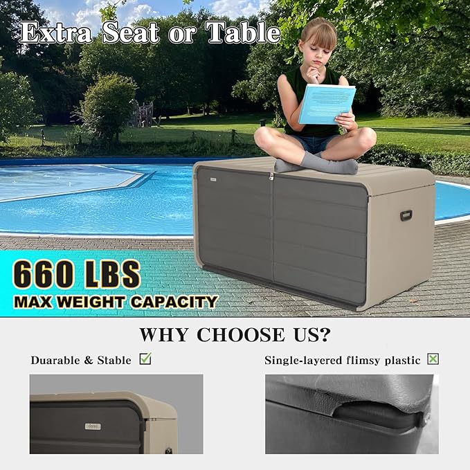 Domi 260 Gallon Resin Deck Box, Waterproof & UV-Resistant Outdoor Large Storage Box Lockable Storage Bin for Patio Cushions Pool Supplies Garden Tools and Delivery Storage-VerdiqueGarden