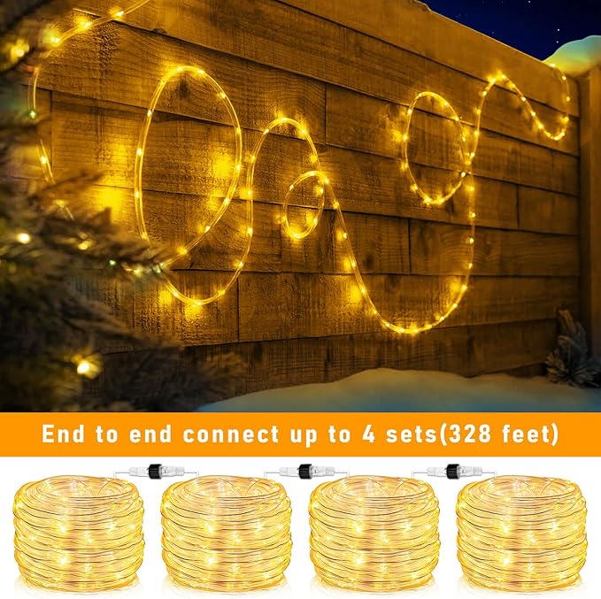 Rope Lights Outdoor, 100FT 300 LED Plug in Christmas Lights with Waterproof 8 Modes, Connectable String Twinkle Light for Indoor House Patio Garden Party Holiday Decorations, Warm White-VerdiqueGarden