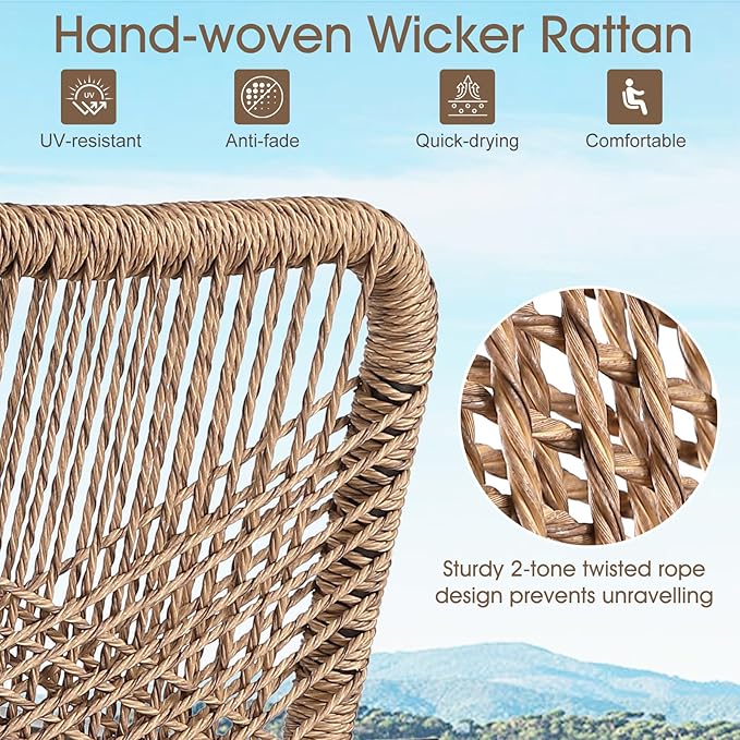 Outdoor Bar Stools Set of 2, Patio Swivel Counter Height Rattan Bar Stools, Patio Wicker Bar Swivel Chairs with Cushion, Outdoor Pool Bar Chairs for Backyard Garden Balcony w /360 Rotation-VerdiqueGarden