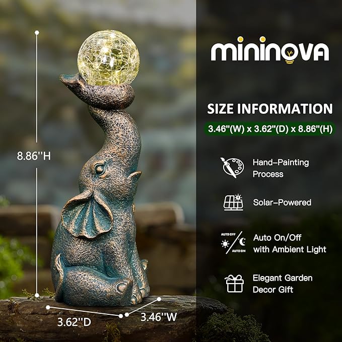 MININOVA Solar Elephant Garden Decor Statues & Sculptures for Outside, Outdoor Figurine Lights for Patio, Yard, Balcony, Unique Housewarming Ornament-VerdiqueGarden