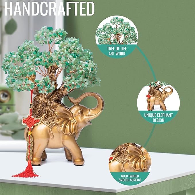 Green Aventurine Crystal Money Tree on Gold Elephant Statue, 17”Large Gemstone Bonsai Tree of Life Home Décor Gifts for Wealth Positive Energy, Feng Shui Décor-VerdiqueGarden