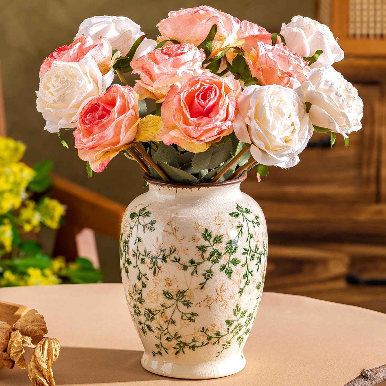 Vintage Green and Beige Vase, Round Ceramic Floral Vases, Retro Ice Cracked Chinoiserie Vase for Home Decor, Living Room, Bookshelf, Office, Grand Millennial Decor, Rustic Table Centerpiece 8 Inch-VerdiqueGarden