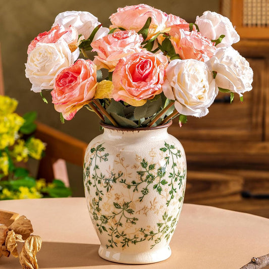 Vintage Green and Beige Vase, Round Ceramic Floral Vases, Retro Ice Cracked Chinoiserie Vase for Home Decor, Living Room, Bookshelf, Office, Grand Millennial Decor, Rustic Table Centerpiece 8 Inch-VerdiqueGarden