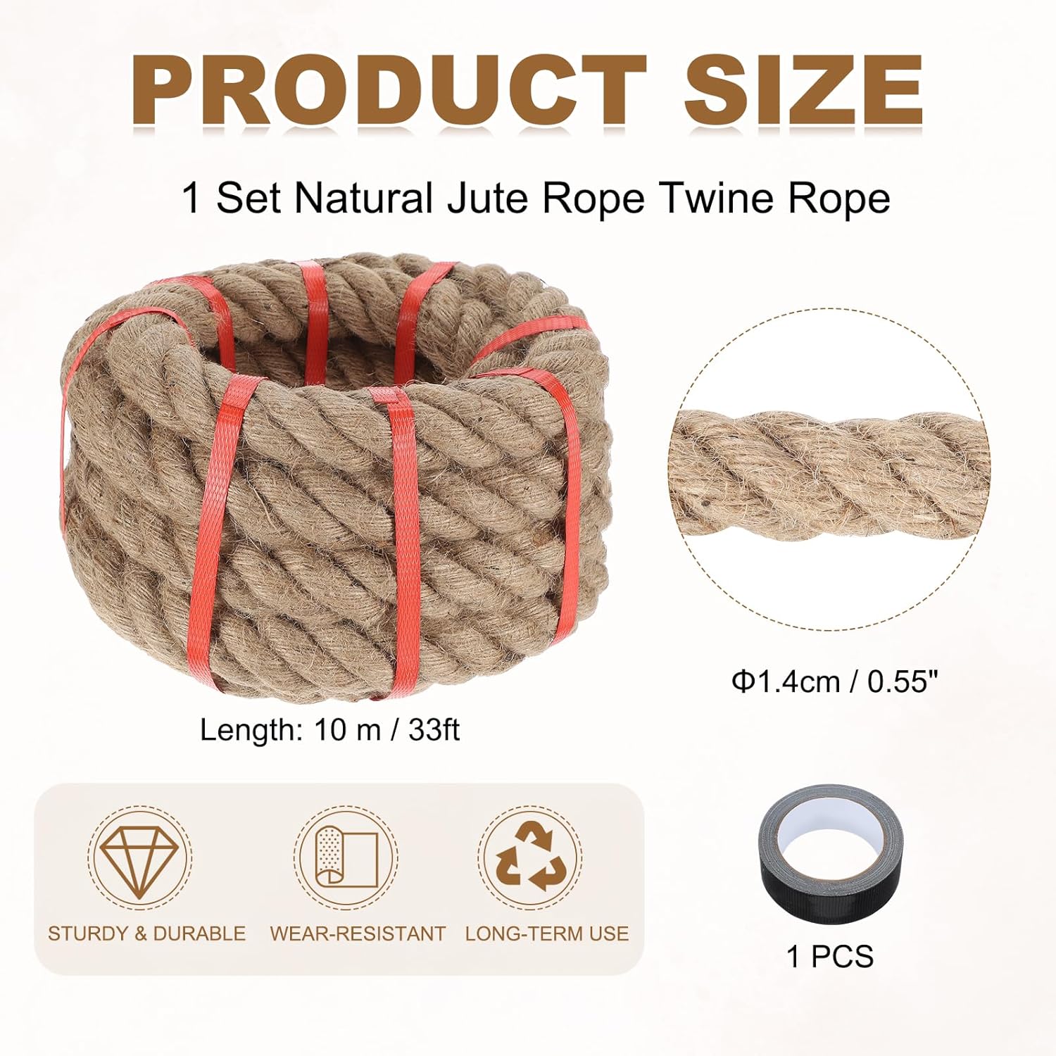 MECCANIXITY Jute Rope 0.55 Inch x 33ft, Thick Twine Rope Ropes Braided Jute Twine Natural Brown Burlap Cord String Heavy Twisted with Tape for Decorative Crafts Railing Swing Tug of War-VerdiqueGarden