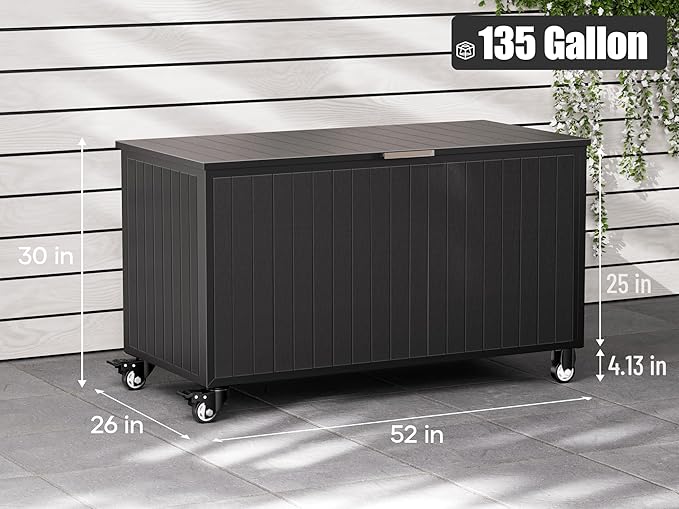 Outdoor Storage Box with Wheels 135 Gallon, Mobile Waterproof Aluminum Deck Box, UV Resistant Patio Storage Box with Lid for Patio Furniture, Garden Tools (Black)-VerdiqueGarden