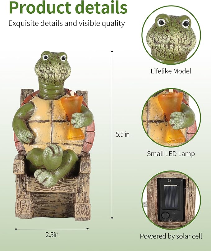 iStatue Solar-Powered Turtle Figurine Light with Glowing Cup - 5.5 in Lifelike LED Decorative Lamp for Outdoor Ambiance - Patio Table, Yard & Garden Decor (Turtle)-VerdiqueGarden