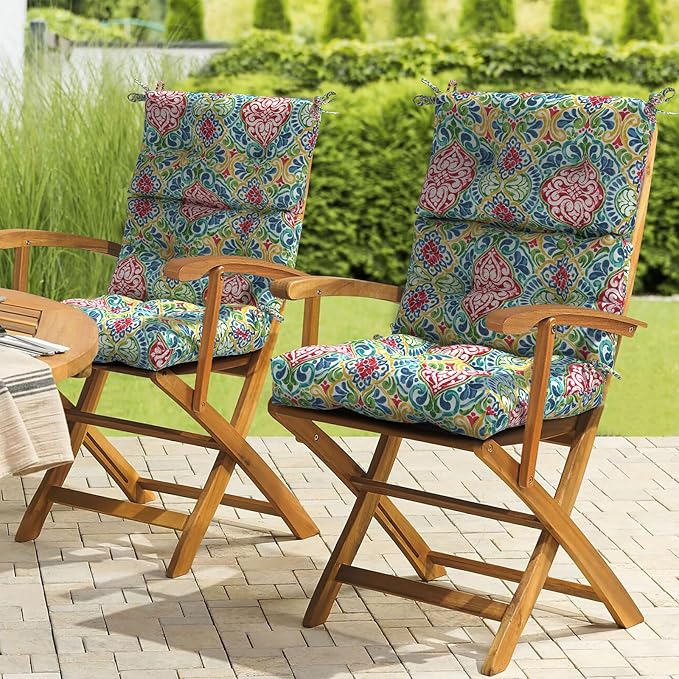 LVTXIII Outdoor Seat/Back Chair Cushion Patio Tufted High Back Cushion, Seasonal Replacement Rocking Chair Cushion with Ties, 22” W x 20D”, Set of 2, Damask Red-VerdiqueGarden