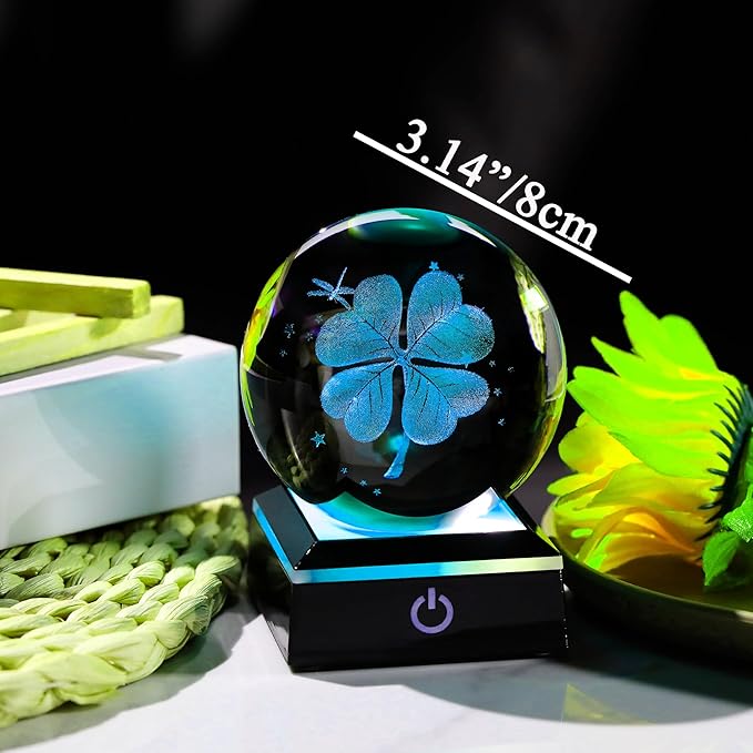 Qianwei 3D Four Leaf Clover 80mm Crystal Ball Good Luck Gifts Ideas with Multicolor Lighting Base - Irish Gifts for Women Decor 4 Leaf Clover-VerdiqueGarden