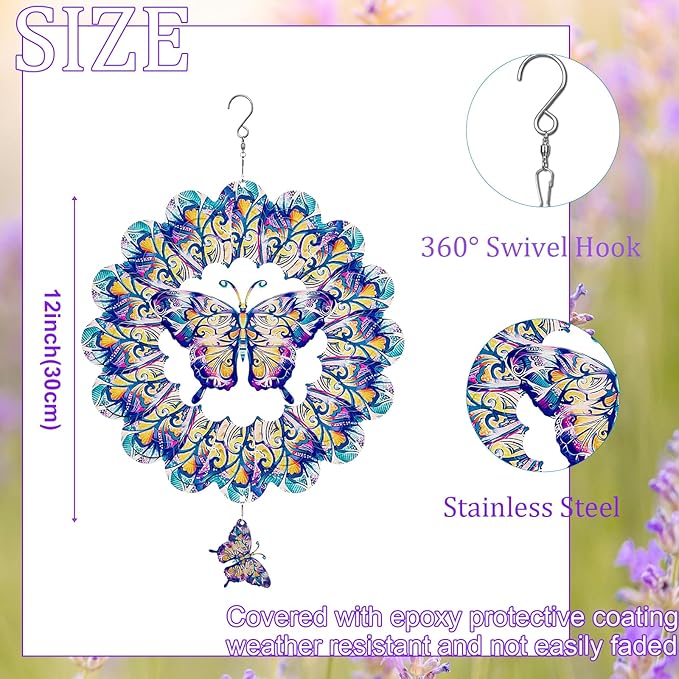 TUOKING Butterfly Wind Spinners Outdoor for Yard and Garden Decor 3D Hanging Wind Sculpture 12 Inch Stainless Steel Wind Spinner Decoration Worth Gift for Women-VerdiqueGarden