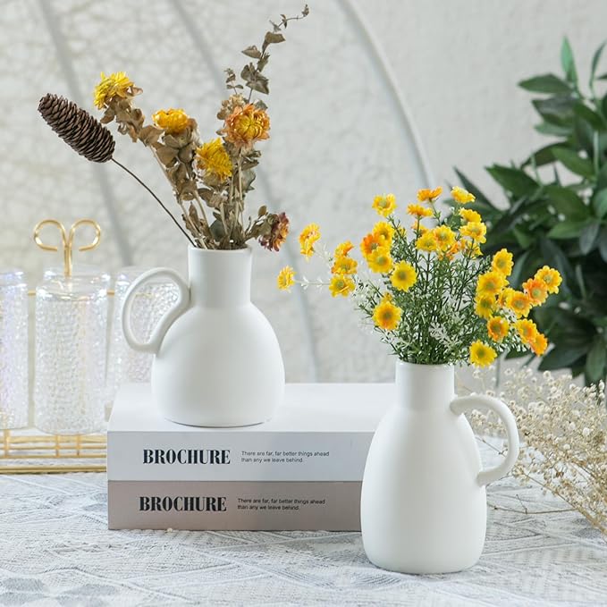 White Ceramic Vase Set - 2 Small Vases with Handle, Pottery Vases for Modern Home Decor, Minimalist Matte Pitcher for Fowers, Decorative Clay Vase Centerpiece Dining Table Decorations-VerdiqueGarden