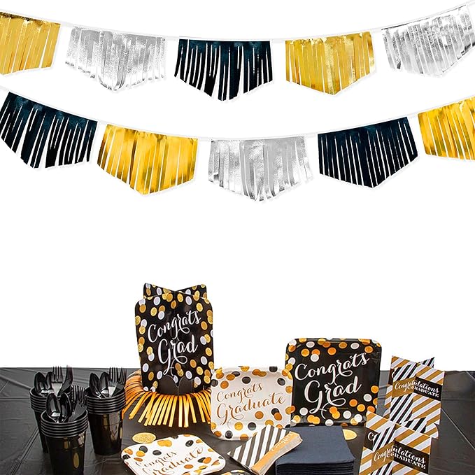 Black Silver Gold Tassel Banner Double Sided Metallic Fabric Pennant Bunting Flag Garland for Graduation Birthday Anniversary Bachelorette Engagement Wedding Bridal Shower Party Decorations Supplies-VerdiqueGarden