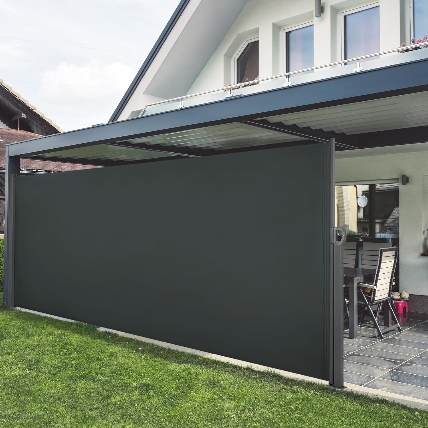 Macrout Retractable Side Awning for Patio & Balcony – Waterproof UV-Resistant Outdoor Privacy Screen, Folding Wind Block for Deck, Porch, Garden (Dark Grey, 118" x 71")-VerdiqueGarden