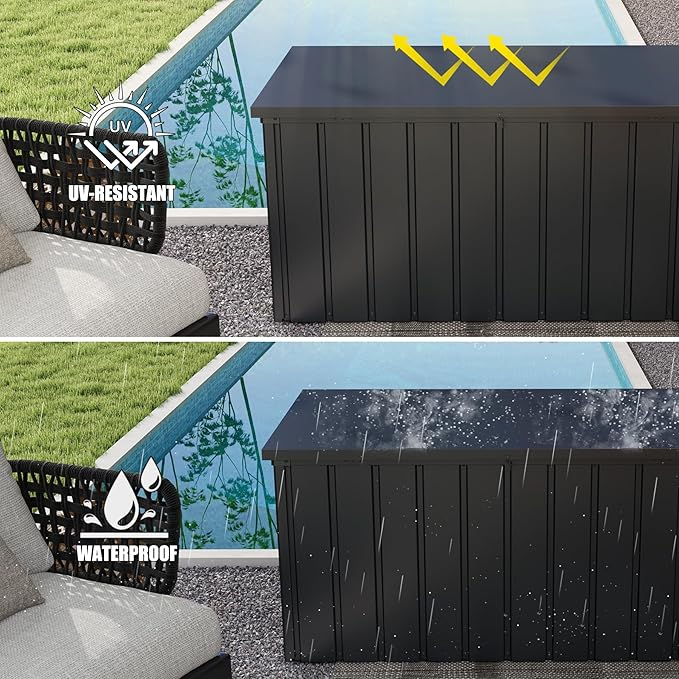 Domi Deck Box 200 Gallon, Waterproof Lockable Steel Outdoor Storage Container for Outside Cushions, Garden Tools and Pools Equipment(Gray)-VerdiqueGarden