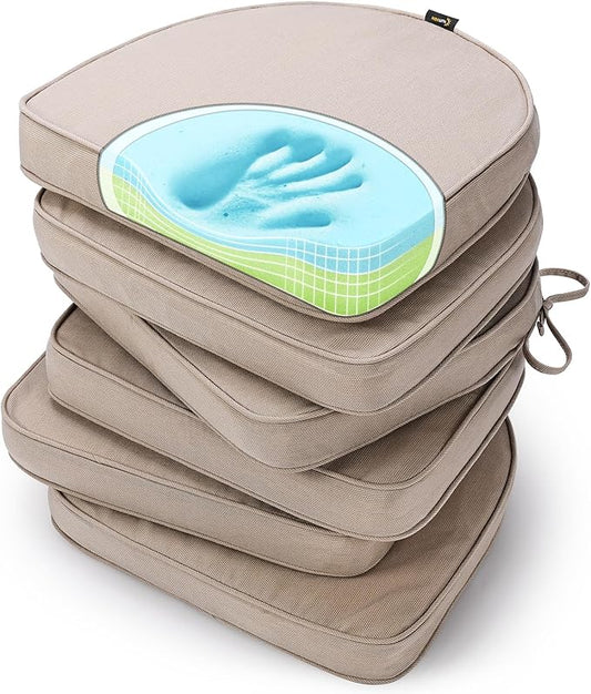 SUNROX Gel Memory Foam Chair Cushions, FadeShield Water-, Stain-Resistant Durable Reversible Seat Cushion Pads with Ties for Indoor/Outdoor Kitchen Dining Office 17"x16" Set of 6, Husk Birch-VerdiqueGarden