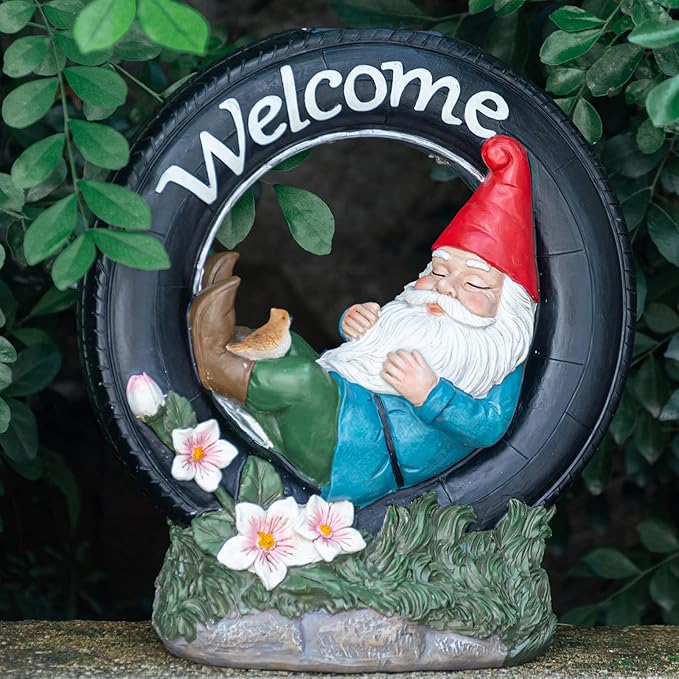 WONDER GARDEN Gnome Garden Decor for Outside - Welcome Gnome Solar Powered LED Light Outdoor Decor, Gnomes Statues Outdoor Funny Resin Garden Sculpture Decorations for Patio, Lawn-VerdiqueGarden