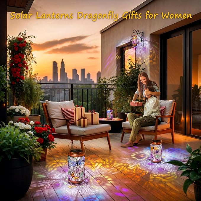 Go2garden 2Pack Solar Outdoor Lanterns Waterproof Dragonfly Garden Gifts for Women Patio Decor Lights Metal Lantern for Yard, Tabletop, Porch, Outside,Mothers Day Gifts for Mom Women-VerdiqueGarden