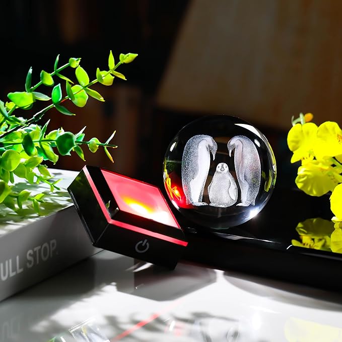 Penguin Gifts for Women 3D Crystal Ball 3.14'' - Laser Penguin Decor Glass Animals Penguin Gifts Figurines Statue Stuff for Room Decorations Penguin Night Light-VerdiqueGarden