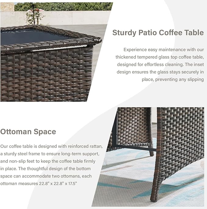 5 Piece Outdoor Patio Furniture Set - Outdoor Conversation Couch and Loveseat Glider Chair Furniture Set with Rattan Coffee Table for Deck Balcony Poolside Brown Wicker/Blue Cushions-VerdiqueGarden