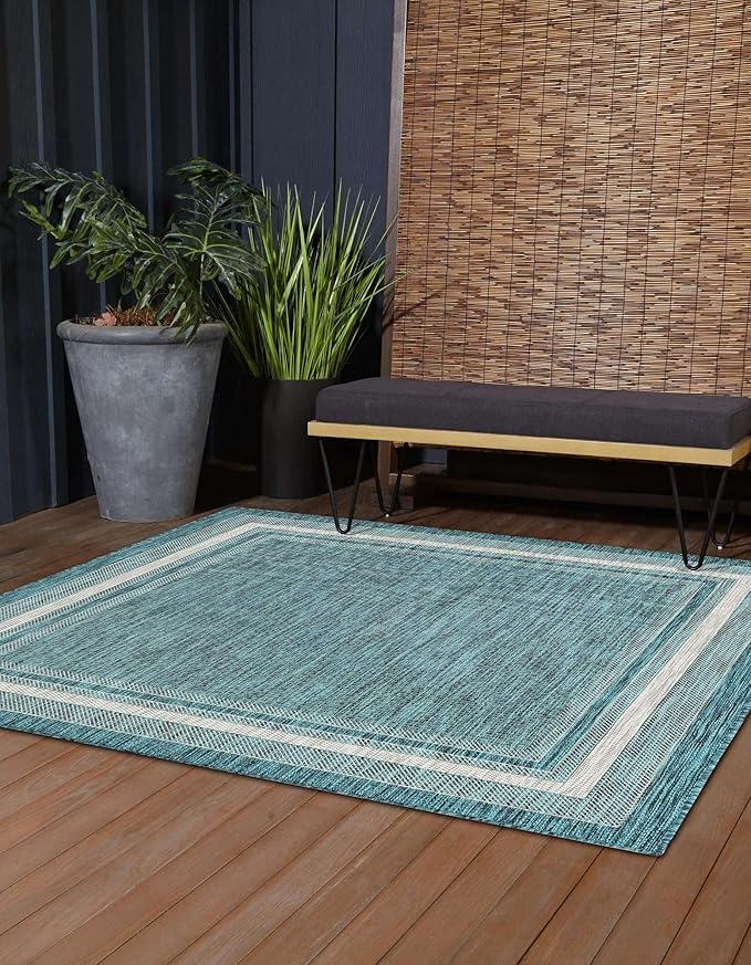 Unique Loom Outdoor Border Collection Area Rug - Soft Border (12' Square Teal/Ivory)-VerdiqueGarden