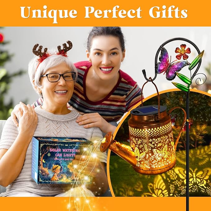Solar Powered Butterfly Watering Can Lights Waterproof Outdoor Garden Decor with Shepherd Hook Hanging Patio Lights for Yard, Porch, Backyard Perfect Gardening & Birthday Gift for Women, Mom, Grandma-VerdiqueGarden