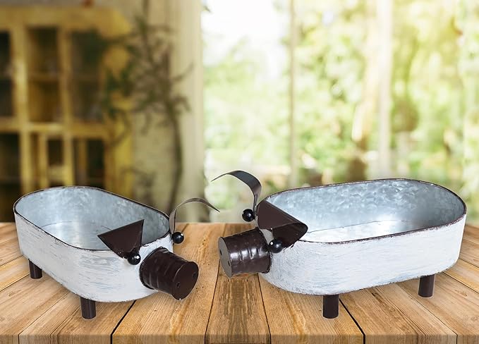 Galvanized Metal White Washed Farmhouse Pig Tray Distressed Pig Tabletop Centerpiece Décor Set of 2-VerdiqueGarden