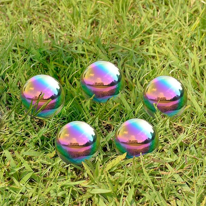 Nerien Gazing Ball, 2 Inch Stainless Steel Garden Mirror Globe, Polished Ornament Sphere, Hollow Floating Reflective Hemisphere, for Home Outdoor Pond Housewarming Swimming Decoration, Rainbow, 5pcs-VerdiqueGarden