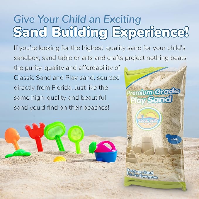 Classic Sand and Play Sand for Sandbox, Table, Therapy, and Outdoor Use, 40 lb. Bag, Natural, Non-Toxic, Wet Castle Building for Creativity and Stimulates Sensory Skills-VerdiqueGarden