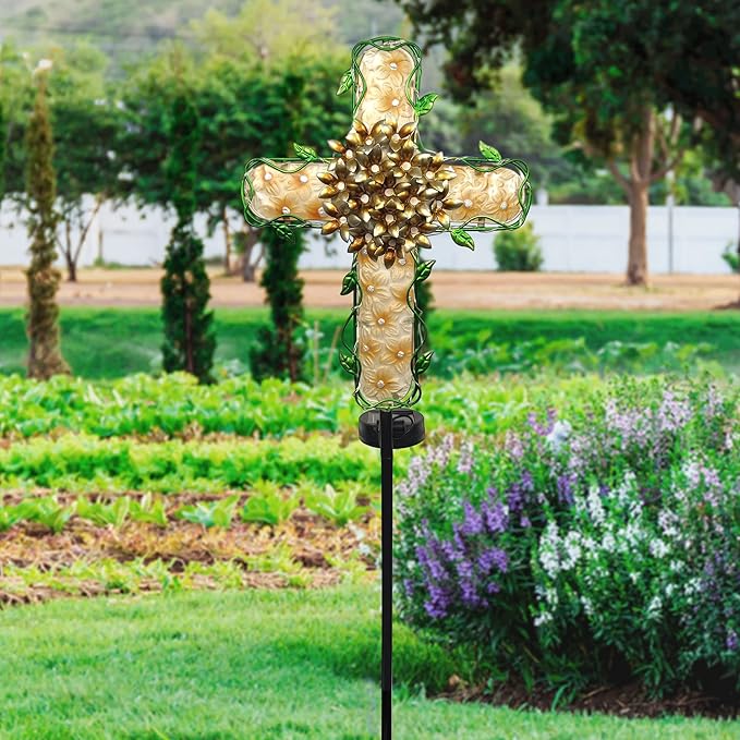 38inch Solar Cross Garden Lights Outdoor Decorative - Solar Metal&Glass Cross Apricot Hydrangea Flower Stake Lights- Waterproof 20 White LED for Remembrance Gifts & Sympathy Gifts-VerdiqueGarden