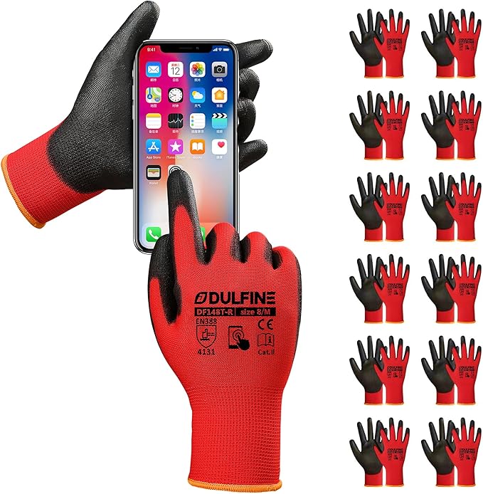 DULFINE Safety Work Gloves PU Coated for Men and Women-12 Pairs,Red Seamless Knit Glove with Two Fingers Touchscreen,Ideal for General Duty Work (Medium)-VerdiqueGarden