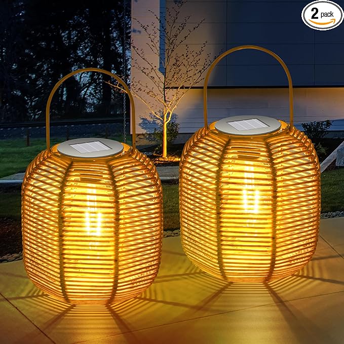 HPC Decor 2 PK Solar Lanterns-Outdoor Solar Lanterns Waterproof, Rattan Solar Lights, Hanging Solar Lanterns Outdoor,Solar Lamp Lights,Decoration Lights for Garden,Patio,Porch,Trees,Pathway,Outside.-VerdiqueGarden