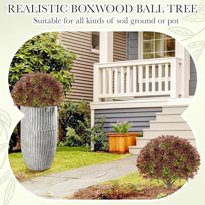 Yunlly 2 Pack 18" Artificial Boxwood Ball Bush Topiary Trees Fake Outdoor Plants, Realistic UV Resistance Faux Shrubs with Spike Greenery Topiary for Front Porch Garden Yard Patio Indoor (Dark Red)-VerdiqueGarden