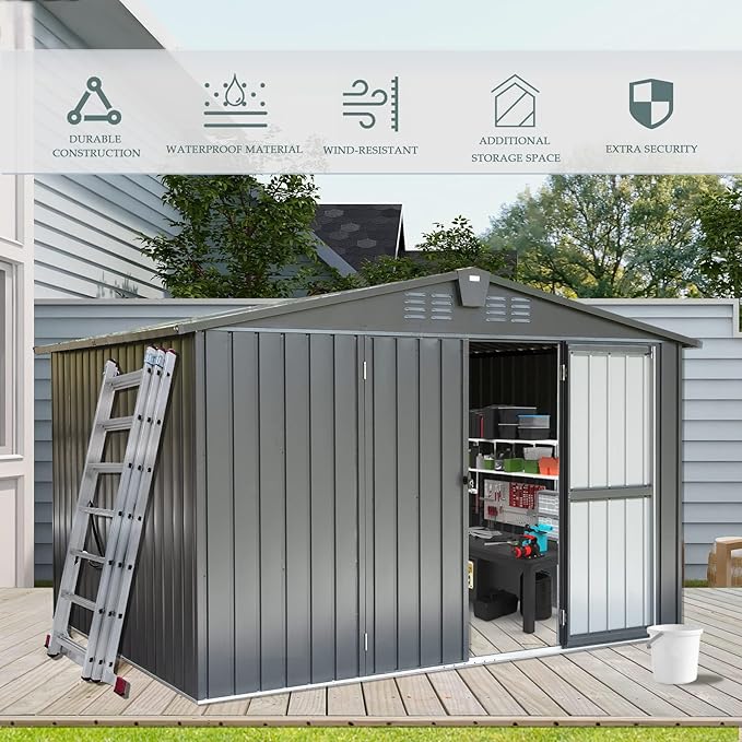 Domi Outdoor Storage Shed 10' x 8’, Metal Garden Shed with Galvanized Steel Frame for Bike, Tools, Lawn Mowers, Pool Toys, Outdoor Storage Cabinet with Lockable Door for Garden Lawn Patio (Dark Grey)-VerdiqueGarden