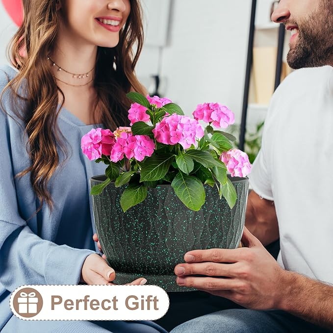 12 Inch Wide Water Ripples Flower Pots for Indoor or Outdoor Plants, Large Plant Pots with Drainage Holes & Saucer, Plastic Planters Set for Garden & Home Decor (Black with Green Speckles)-VerdiqueGarden