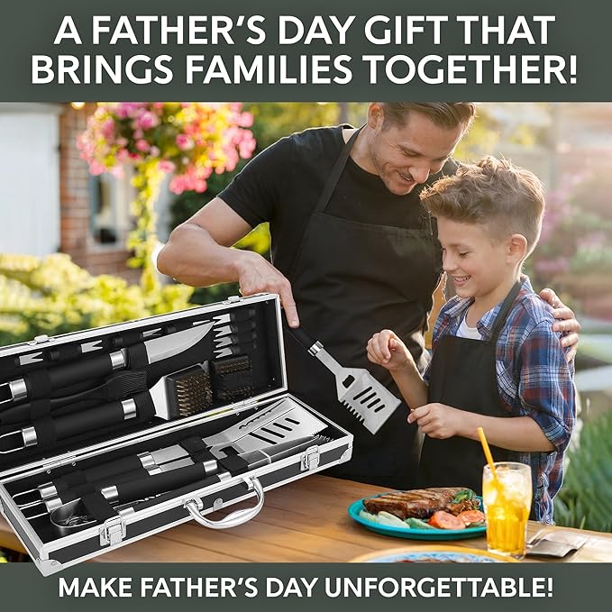 Kaluns Grilling Accessories, Dad Gifts for Christams Grilling Gifts, Heavy Duty Stainless Steel BBQ Grill Tools Set for Outdoor Grill with Aluminum Case and Apron, Dad Birthday Gifts for Men Husband-VerdiqueGarden