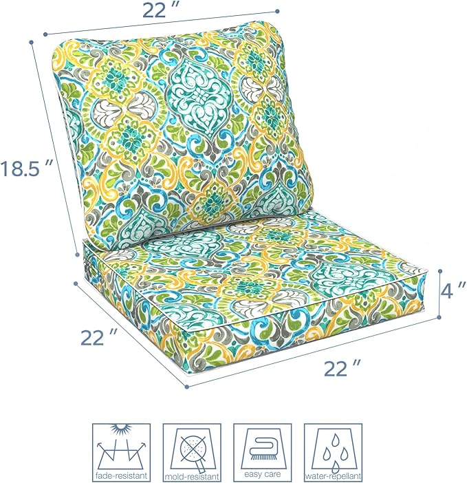 LVTXIII Outdoor Deep Seat Cushion 22"x22"x4" Patio Seat and Back Cushion Set Seasonal Chair Cushion for Dining Arm Chairs, Wicker Chairs and Garden Furniture Decoration, Damask Green-VerdiqueGarden