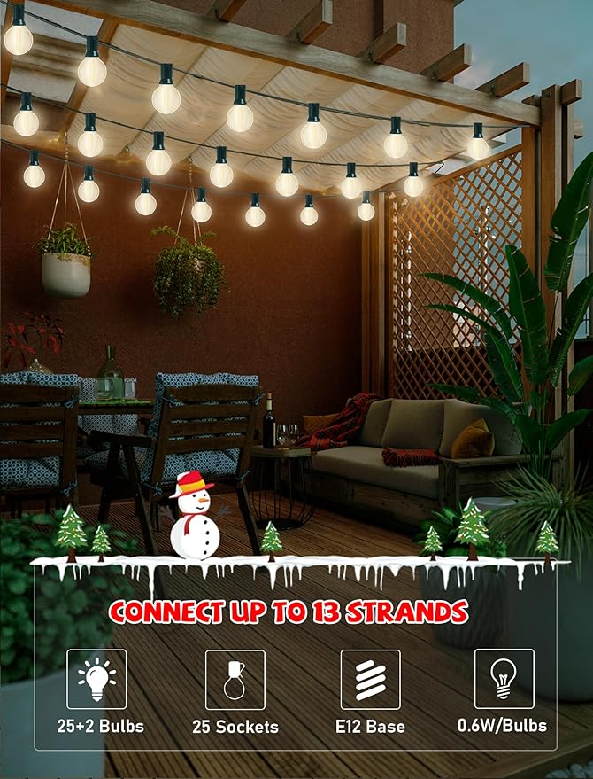 25ft Outdoor Christmas LED String Lights,G40 Frosted White Globe Lights with 27pcs Plastic Bulbs,Round Bulb Christmas Lights for Indoor/Outdoor Wedding Backyard Cafe Garden Christmas Decor-VerdiqueGarden