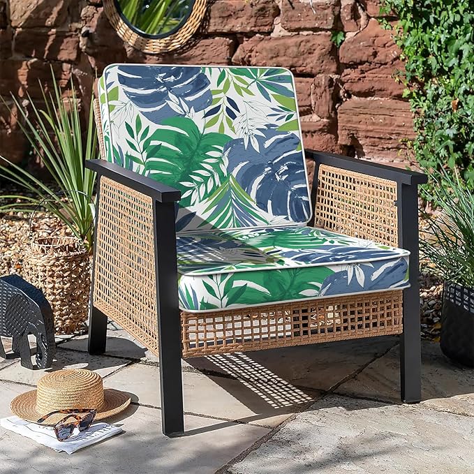 LVTXIII Patio Chair Cushions 22"x22"x3", Water-Repellent Outdoor Seat Cushions for Patio Furniture, Square Chair Pads with Ties for Home Garden Decoration, Set of 2, Islamorada Blue Green-VerdiqueGarden