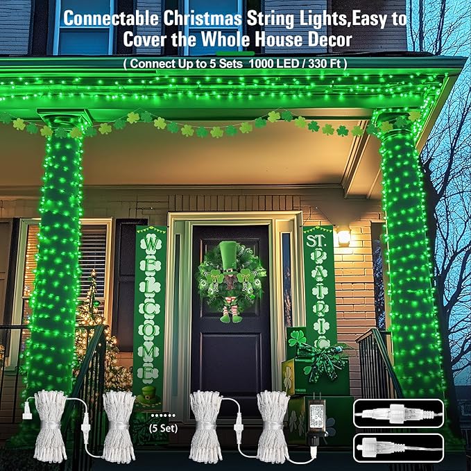 JMEXSUSS Green Lights for St Patrick's Day Decoration, 200 LED Green Christmas Lights Clear Wire, Connectable Green String Lights Indoor Outdoor for Spring Tree Garden St. Patricks Day Decor-VerdiqueGarden