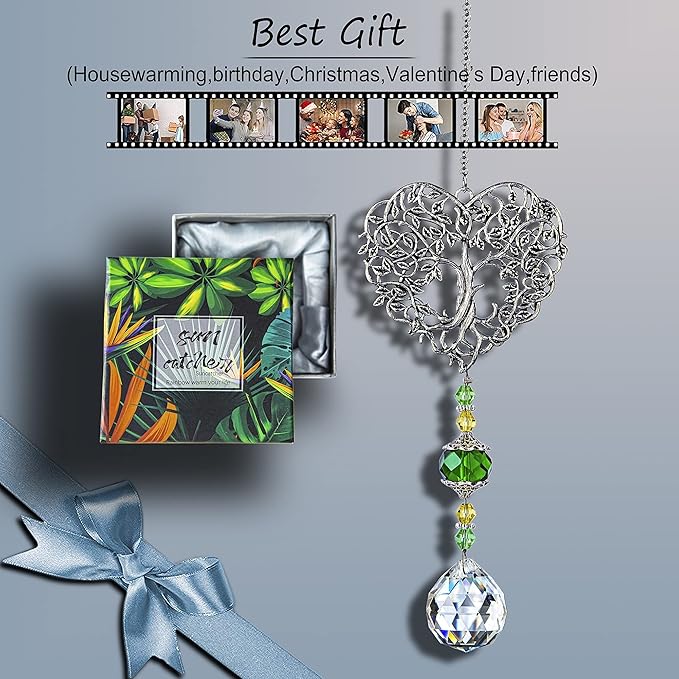 H&D HYALINE & DORA Tree of Life Crystal Suncatchers Crystal Drop Prism Rainbow Maker Hanging for Home Garden Decoration, Heart Shaped-VerdiqueGarden