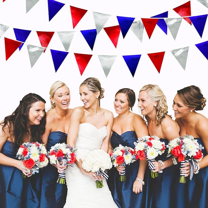 Red Blue Silver Party Decorations Metallic Fabric Triangle Pennant Banner Flag Bunting Garland for Graduations 4th of July American USA National Day Patriotic Veterans Birthday Outdoor Party Supplies-VerdiqueGarden