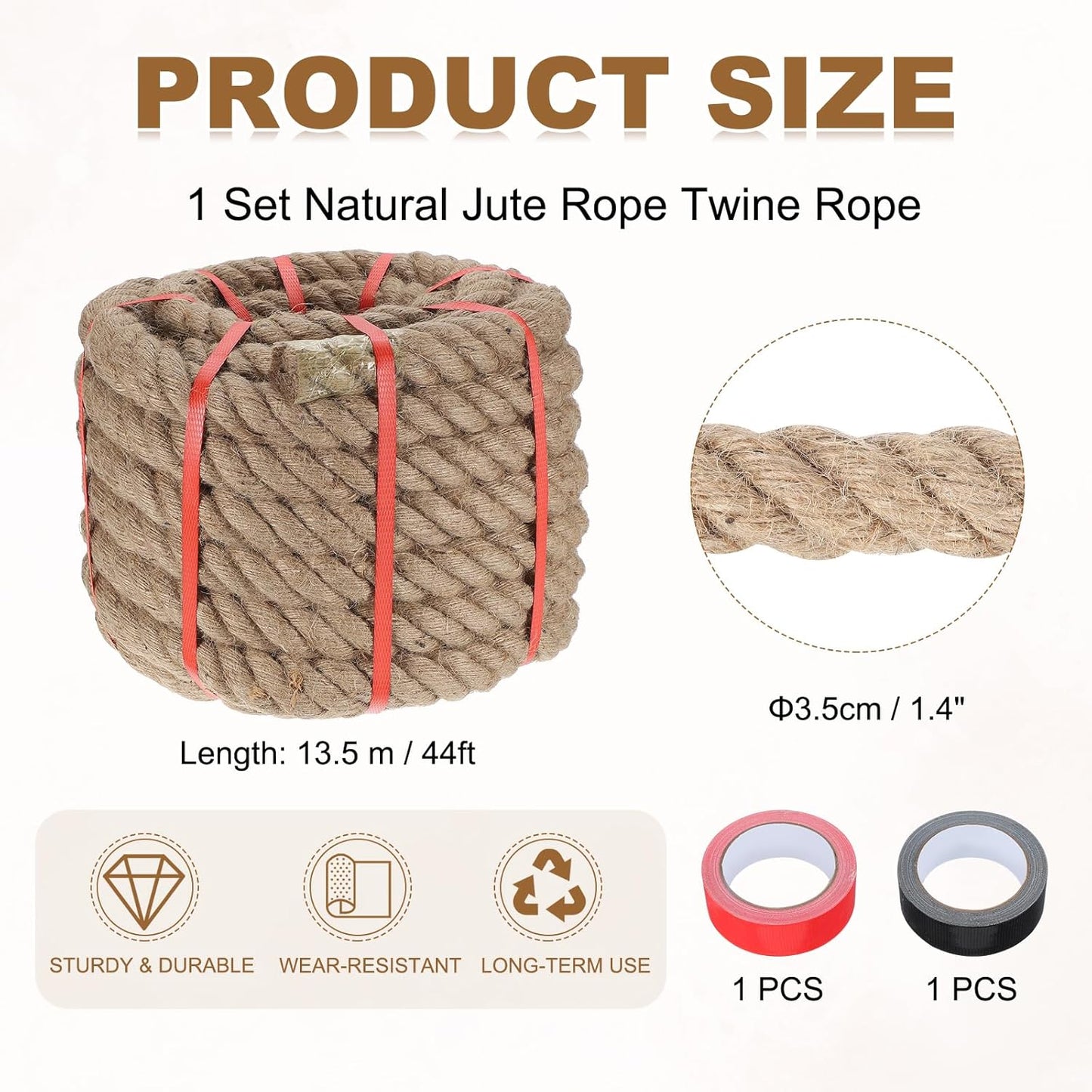 MECCANIXITY Jute Rope 1.4 Inch x 44ft, Thick Twine Rope Ropes Braided Jute Twine Natural Brown Burlap Cord String Heavy Twisted with Tapes for Decorative Crafts Railing Swing Tug of War-VerdiqueGarden