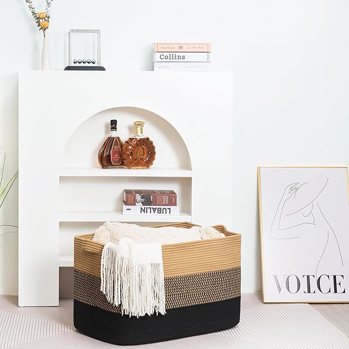 MINTWOOD Design 22in Extra Large Blanket Basket Holder for Living Room, Rectangle Rope Woven Storage Bin with Handles for Laundry, Pool Towels, and Shoes, Dog Toy Box Organizer, Black Jute-VerdiqueGarden