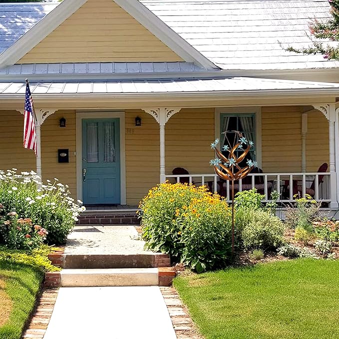 Butterfly Flower Garden Wind Spinner - Large Kinetic Outdoor Metal Wind Sculptures & Spinners Decor for Yard and Garden, Whirligigs Large Wind Spinners for Patio, Lawn, Outside (26" W x 90" H)-VerdiqueGarden