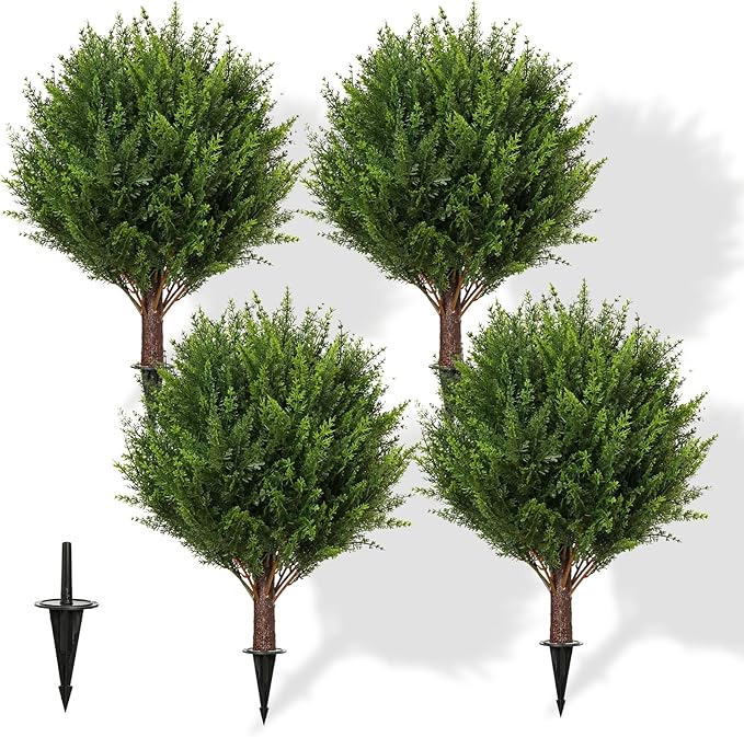 Artificial Cedar Shrub Ball Trees Two 15.8inch with Ground Spikes, can be Planted in The Ground and in pots, Outdoor Artificial Plants Resistant to UV Rays (4pcs)-VerdiqueGarden
