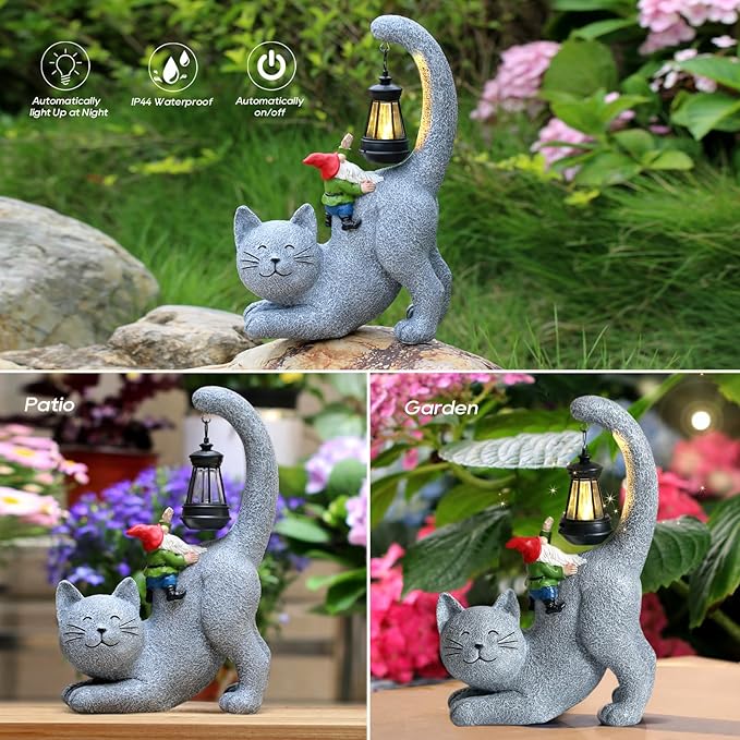 Cat Statue Garden Decor with Funny Gnome Figurine & Solar Lantern, Motherday Gifts for Mom,Birthday Gift for Women,Cat Statues for Garden,Patio,Yard Decoration, Gray, SR-C-003-VerdiqueGarden